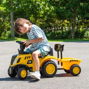 Costway Trattore cavalcabile per bambini 1,5-3 anni con rimorchio staccabile pala rastrello clacson, Trattore scorrevole Giallo