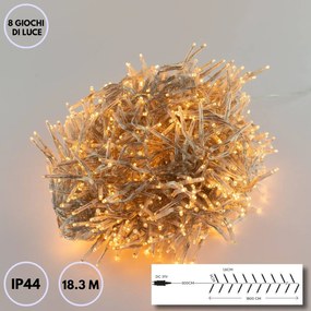 Catenaria Natalizia LED 18.3m 8 GIOCHI DI LUCE Cavo TRASPARENTE IP44 Colore Bianco Caldo 2200 - 2300 °K