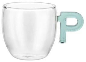 Tazzina caffè lettera P verde petrolio in vetro borosilicato, 150 ml