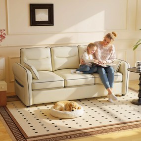 Divano 3 Posti 190x83x90 cm con Imbottitura Spessa Tasca Laterale e 2 Cuscini in Finta Pelle Beige...