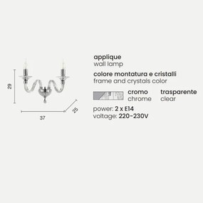Applique GALA in vetro lavorato a mano con dettagli in metallo 2 LUCI CROMO