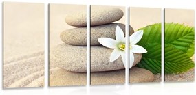 Quadri 5 pezzi – Fiore bianco e pietre nella sabbia