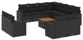 Set divani da giardino 12 pz con cuscini nero in polyrattan