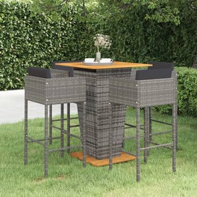 Set da bar da giardino 5 pz con cuscini in polyrattan grigio