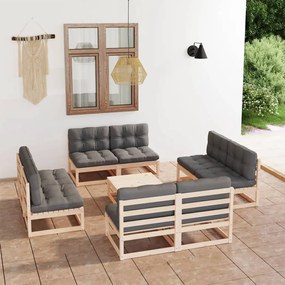 Set divani da giardino 9 pz con cuscini legno massello di pino