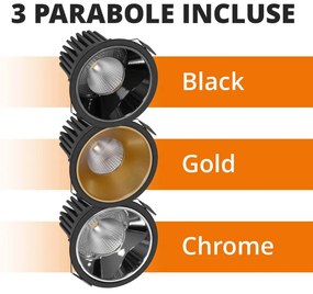 Faro da Incasso 18W Foro Ø90mm Nero IP40 CCT BRIDGELUX LED 3 Parabole Colore Bianco Variabile CCT