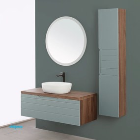 Mobile Bagno Sospeso "Amalfi 2" Da 90 cm Composto Da Un Cassetto Finitura Noce Canaletto/Verde Salvia