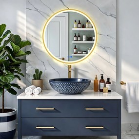 Specchio rotondo LED con cornice in alluminio dorato