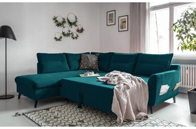 Divano letto angolare in velluto turchese L, angolo sinistro Stylish Stan - Miuform