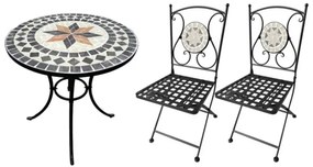 Set tavolo rotondo 60 cm in mosaico di ceramica + 2 sedie pieghevoli in acciaio