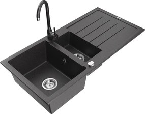 Mexen Andres lavello in granito a 1,5 vasche con scolapiatti e rubinetto cucina Telma, nero maculato - 6515-76-670200-76