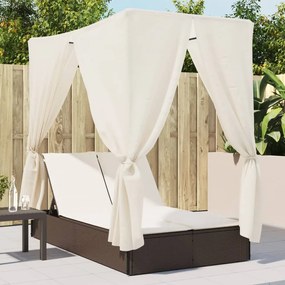 Lettino Prendisole Con Tetto E Tende Marrone İn Polyrattan /