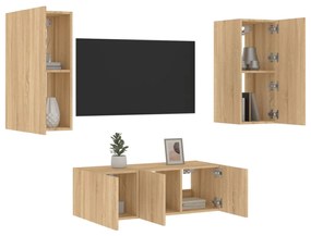 Mobili Tv A Muro Con Led 4pz Rovere Sonoma Legno Multistrato /