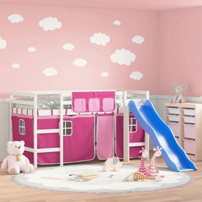 Letto A Soppalco Con Tende Bambini Rosa 90x200 Cm Massello Pino /