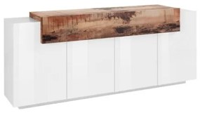 Credenza Moderna A 4 Ante 200x45x85,5 Bianco Lucido/Effetto Legno Corona