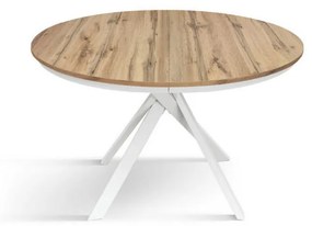 Tavolo rotondo PANTELLERIA in legno effetto rovere rustico con gambe incrociate in metallo bianco, allungabile ⌀120 cm &#8211; ⌀170 cm