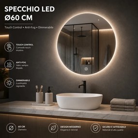 Specchio Rotondo Ø60 cm LED a 3 Colori Retroilluminato Accensione Touch...
