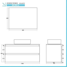 Mobile bagno sospeso 100 cm ossido e rovere con top lavabo e specchio Kleo