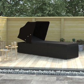 Lettino Prendisole Con Tettuccio E Cuscino İn Polyrattan Nero /