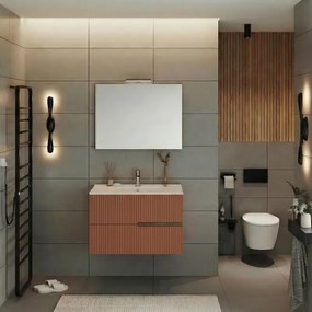 Mobile bagno Eva 80 cm, completo di lavabo in ceramica e specchio a filo con Led, 2 cassetti rovere moka e mattone cannettato.