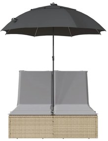 Lettino prendisole doppio cuscini e parasole beige polyrattan