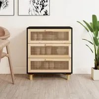 Credenza Nera 60x30x70 cm Legno Massello Pino e Rattan Naturale 345634