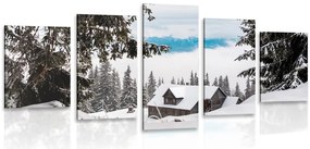 Quadri 5 pezzi – Casetta di legno tra pini innevati