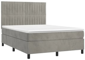 Letto a molle materasso e led grigio chiaro 140x190 cm velluto