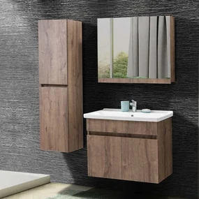 Mobile bagno sospeso 80 cm rovere scuro con specchio contenitore Mona