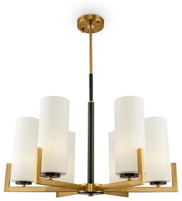 Lampadario Contermporaneo Fortano 6 Luci Metallo Ottone Diffusori Vetro Bianchi