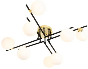 Plafoniera Art Déco nera con oro e vetro opalino 8 luci - Lynn