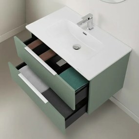 Mobile bagno sospeso 100 cm verde cannettato con lavabo e specchio tondo Zena