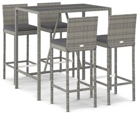 Set bar da giardino 5 pz con cuscini in polyrattan grigio