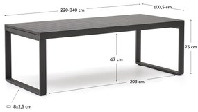 Kave Home - Tavolo estensibile da esterno Galdana in alluminio con finitura grigio scuro 220 (340) x 1