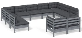 Set divani da giardino 11 pz con cuscini grigi massello di pino