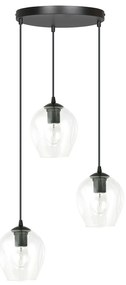 Lampadario 3 Luci Fuxi Base Tonda In Acciaio Nero E Vetri Trasparente