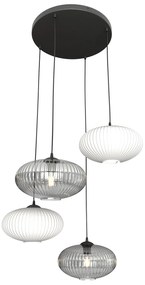 Lampadario 4 Luci Iris Base Tonda In Acciaio Nero Paralume Plissè Multicolor
