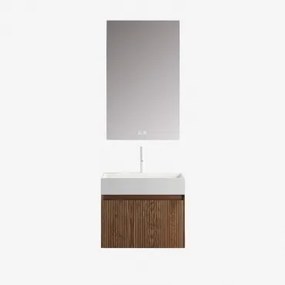 Set Mobili Da Bagno In Legno Aldeia Con Lavabo Integrato Legno Scuro & Led Rettangolare (60x90 Cm) Kirvex & Bianco ↑20 Cm - Sklum