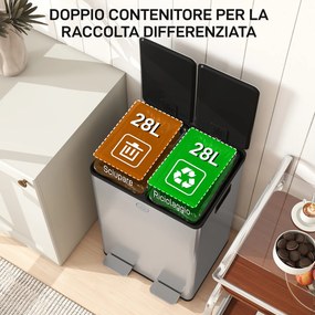 Pattumiera Differenziata Cestino Spazzatura 2 Scomparti da 28L in Acciaio Inox Argento...