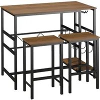 EasyComfort Set Tavolo 2 Sgabelli Alti da Bar in Legno Isola Cucina con Portabottiglie e Portabicchieri in Stile Industriale