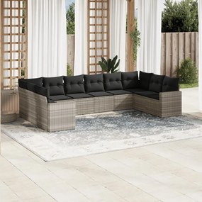 Set divano giardino 10 pz con cuscini grigio chiaro polyrattan