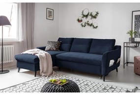 Divano letto angolare in velluto blu scuro, angolo sinistro Stylish Stan - Miuform