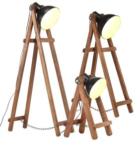 Lampade Da Pavimento 3 Pz Nere E27 İn Legno Massello Di Mango /