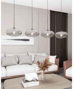 Lampadario 4 Luci Iris In Acciaio Nero Paralume Plissettato Fumè