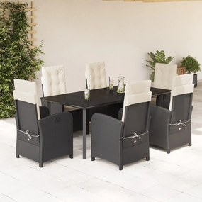 Set da pranzo da giardino 7 pz nero con cuscini in polyrattan