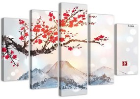 Quadro su tela 5 pannelli Giappone Fiori di ciliegio