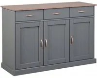 Buffet a 3 ante e 3 cassetti, in pino massello verniciato grigio con top e finiture color marrone, 131x45x86 cm