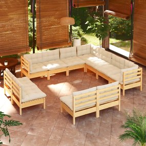 Set divani da giardino 11 pz con cuscini crema massello di pino