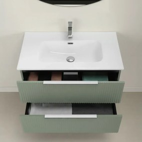 Mobile bagno sospeso 100 cm verde cannettato con lavabo e specchio tondo Zena
