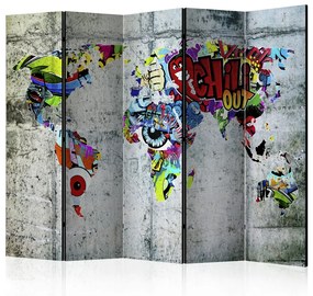 Paravento Mondo graffiti - mappa del mondo con continenti in stile street art